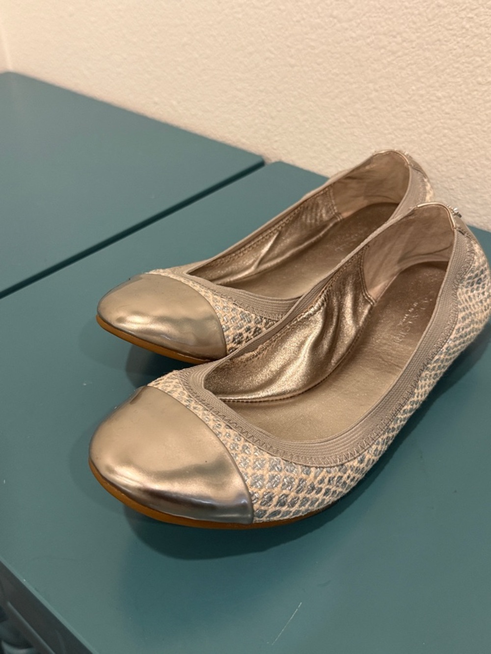 Coach Metallic Silver and Beige Quilted Ballet Flats